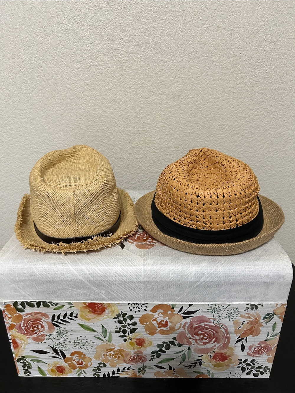 Steve Madden Natural Straw Fedora Hat with Black Band and Straw hat w/Turquoise - Picture 3 of 7